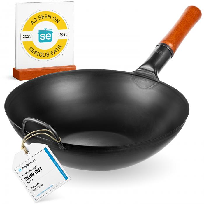 13,5-inch (34cm) Pre-Seasoned Black Carbon Steel Wok with Flat Bottom