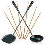 Small Yosukata Utensils Set: 43 cm (17-inch) Pre-seasoned Carbon Steel Wok Spatula, Ladle and Bamboo Chopsticks