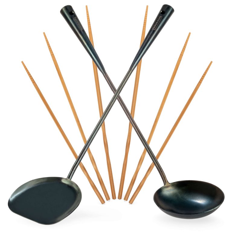 Yosukata Utensils Set: 43 cm (17-inch) Pre-seasoned Carbon Steel Wok Spatula, Ladle and Bamboo Chopsticks