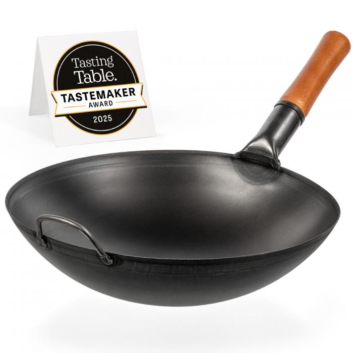 Yosukata 14-inch (36cm) Pre-Seasoned Black Carbon Steel Wok with Round Bottom