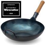 Small Yosukata 13,5-inch (34cm) Pre-Seasoned Blue Carbon Steel Wok with Flat Bottom