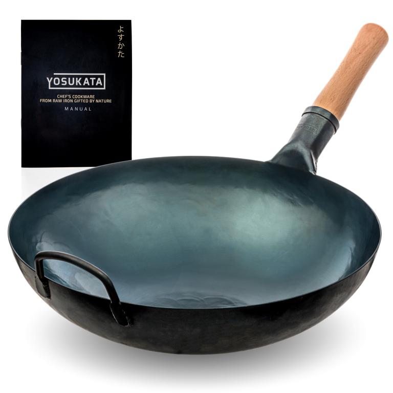 Yosukata 14-inch (36cm) Pre-Seasoned Blue Carbon Steel Wok with Round Bottom
