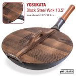 Small Yosukata Black Carbon Steel Wok 13,5-inch (34cm)+Wooden Wok Lid