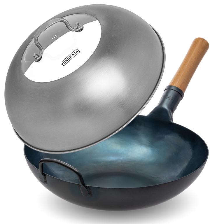Eleulife Carbon Steel Wok Pan, 11 Inch Wok With Lid And...