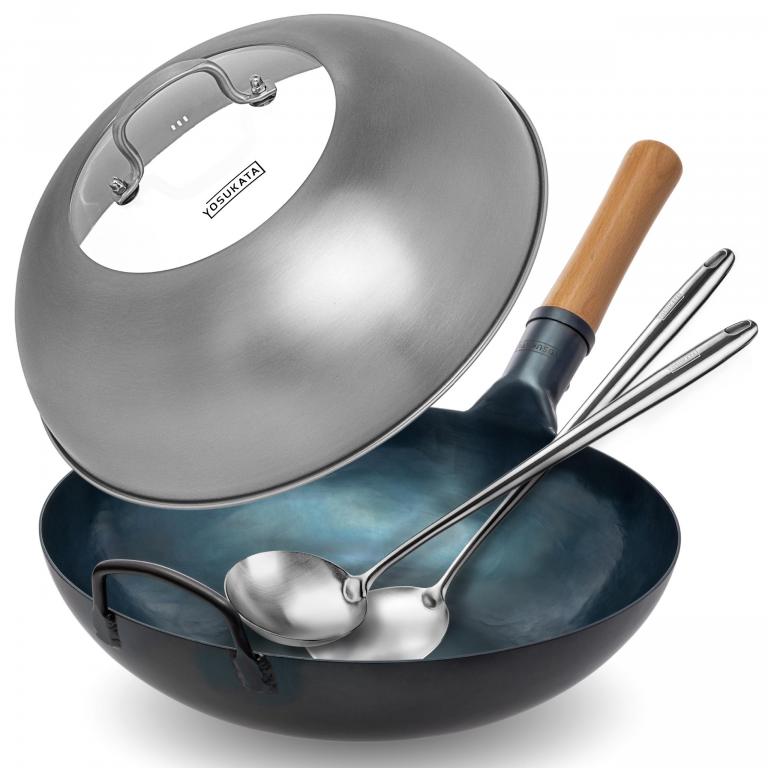 Yosukata Blue Carbon Steel Wok 13,5-inch(34cm)+Stainless Steel Wok Lid+Spatula and Ladle Set