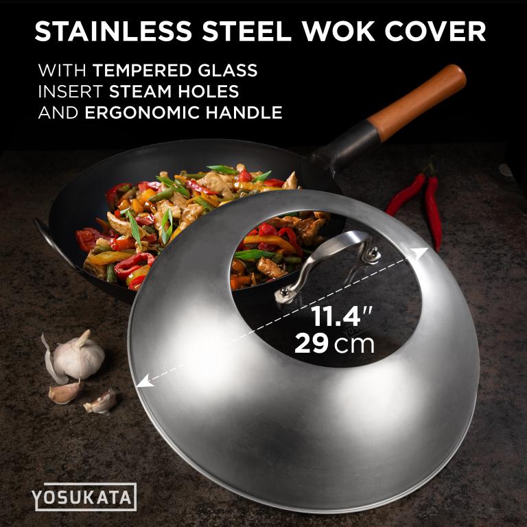 Yosukata 11,4-inch (29 cm) Stainless Steel Wok Lid with Tempered Glass Insert