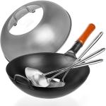 Small Yosukata Black Carbon Steel Wok 13,5-inch(34cm)+Stainless Steel Wok Lid+Spatula, Ladle and Skimmer Set