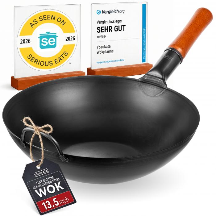 34 cm (13.5-inch) Pre-Seasoned Black Carbon Steel Wok with Flat Bottom