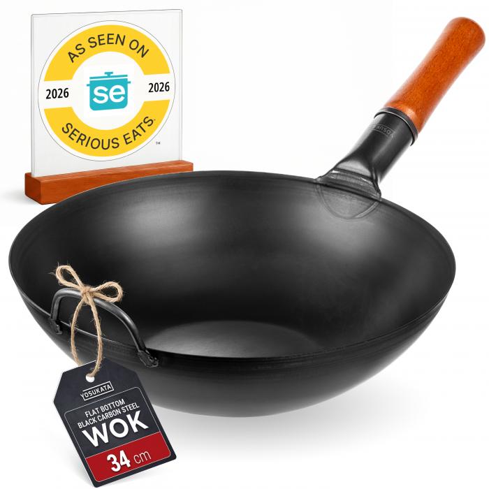 34 cm (13.5-inch) Pre-Seasoned Black Carbon Steel Wok with Flat Bottom